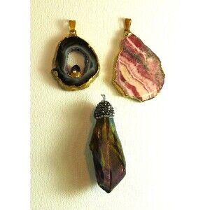 Set: Raw pendants: hermatite druzy agate geode rhodochrosite pendant